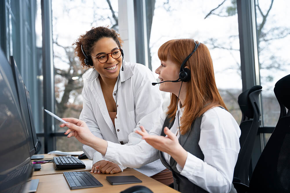 Support agents helping customers